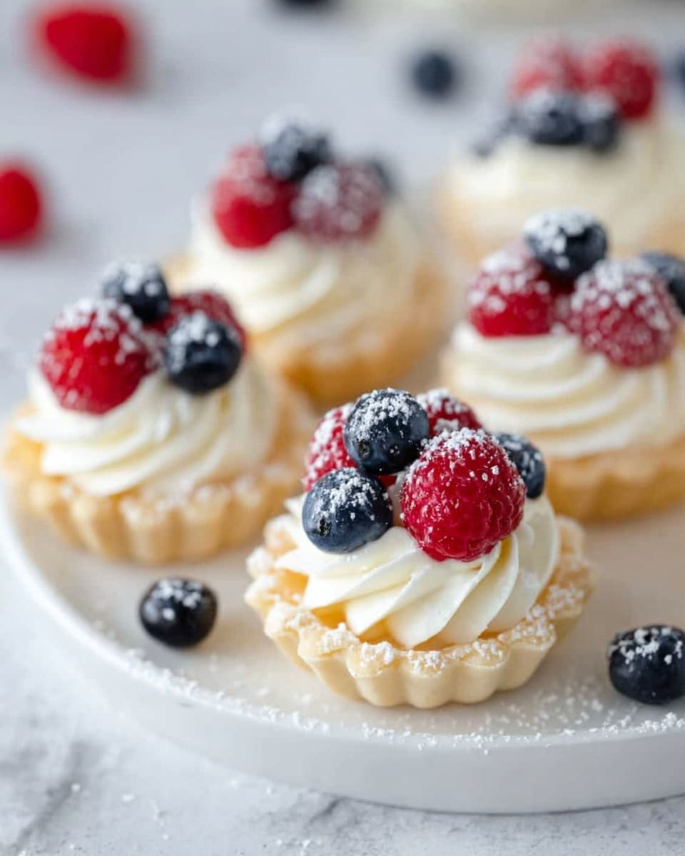 The image shows small tartlets arranged on a round white plate, sitting on a white marbled surface. Each tartlet has a golden, flaky crust that holds a swirl of smooth white cream filling. On top of the cream, there are fresh red raspberries and dark blue blueberries, all sprinkled lightly with white powdered sugar. The background has a soft, out-of-focus look with more berries scattered faintly. The overall look is clean and fresh, with bright colors standing out against the light background. photo taken with an iphone --ar 4:5 --v 7