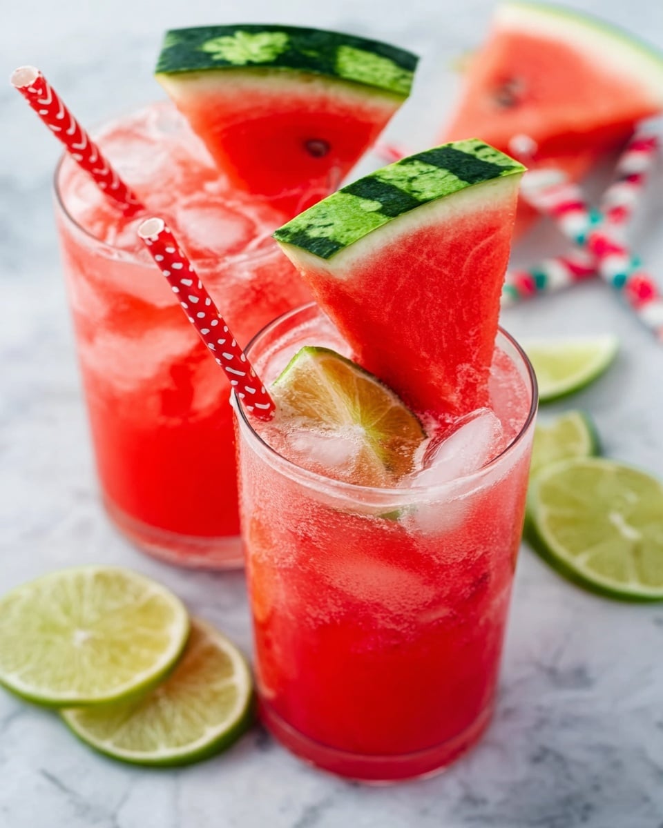 Two clear glasses filled with pink-red watermelon drink with ice cubes are placed on a white marbled surface. Each glass is topped with a thick triangular slice of watermelon with green rind and a lime wedge tucked next to the watermelon. One glass has a red and white striped straw, and the other has a red and white polka dot straw. In the background, there are blurred lime wedges and a colorful drink package. Photo taken with an iphone --ar 4:5 --v 7