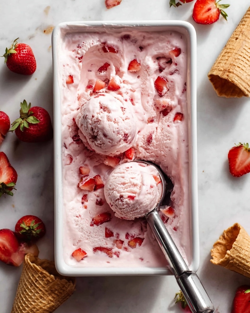The image shows a rectangular white container filled with light pink strawberry ice cream. Two scoops of ice cream sit on top, creamy and slightly textured with small chunks of strawberries mixed in. Scattered diced strawberries float on the ice cream surface, adding bright red spots. A metal ice cream scoop is partly buried in the ice cream with its handle resting on the right side. Around the container, whole fresh strawberries and empty waffle cones lie on a white marbled surface, creating a fresh and inviting scene. Photo taken with an iphone --ar 4:5 --v 7