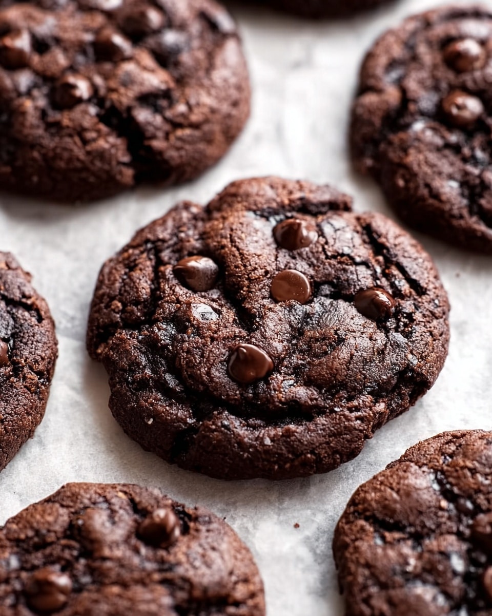 The image shows several soft chocolate cookies on a piece of parchment paper. Each cookie is dark brown with a rough, slightly cracked surface and is dotted with shiny, scattered chocolate chips that add light brown spots. The cookies look thick and soft with uneven edges, and they are close together, filling the frame. The background is a white marbled texture. photo taken with an iphone --ar 4:5 --v 7