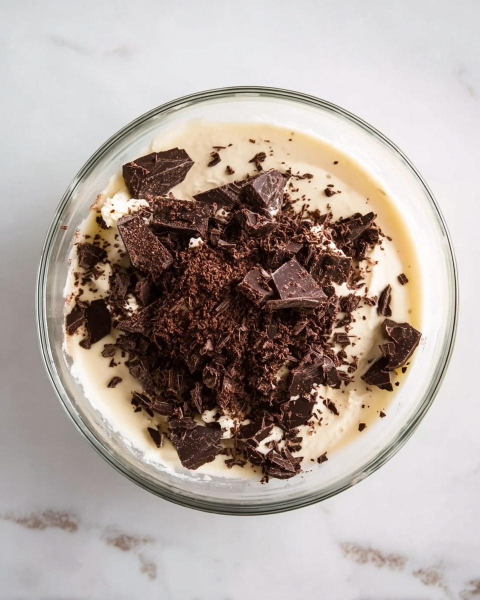 A clear glass bowl placed on a white marbled surface contains a mixture of two main layers. The bottom layer is a smooth, light cream color with a soft texture, while the top layer consists of large, uneven chunks and small flakes of dark brown chocolate scattered over the cream. The chocolate pieces vary in size and have a slightly rough texture. The bowl is round and deep, with the contents centered inside. Photo taken with an iphone --ar 4:5 --v 7