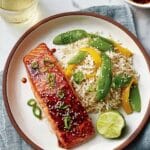 Molasses-Soy Glazed Salmon with Roasted Vegetables and Brown Rice Recipe