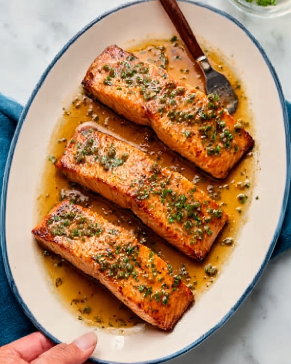The image shows four pieces of cooked salmon placed side by side on a white oval plate. The salmon has a golden-brown color with visible herbs sprinkled on top, and a glossy sauce covers the fish, creating a shiny texture. The plate sits on a white marbled surface, and next to it, a woman's hand is holding a kitchen tool with a wooden handle. The photo taken with an iphone --ar 4:5 --v 7