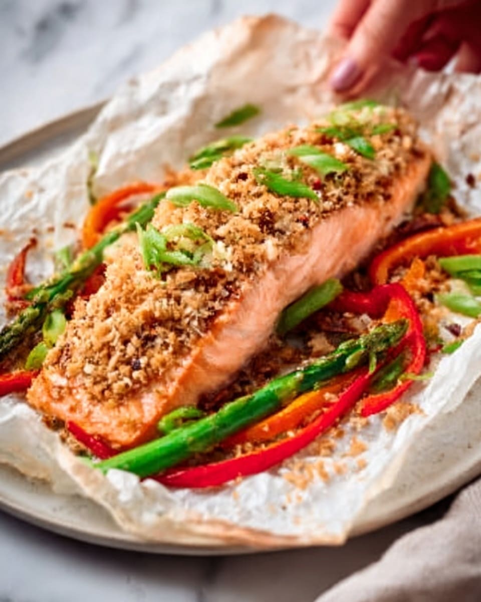 A cooked salmon fillet sits on a piece of white parchment paper, topped with a crunchy light brown crumb layer and green asparagus pieces. Underneath the salmon, there are bright red bell pepper slices and some green vegetable pieces, all arranged on a white plate. The plate is placed on a white marbled surface. The texture of the salmon is smooth with the crumb layer adding a rough feel, while the vegetables look fresh and slightly shiny. A woman's hand is reaching gently towards the food. Photo taken with an iphone --ar 4:5 --v 7