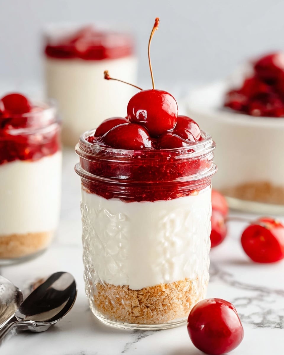 The image shows small glass jars filled with a three-layer dessert placed on a wooden round board. The bottom layer is crumbly and brown, looking like crushed biscuits. The middle layer is creamy and light beige, smooth in texture. The top layer consists of bright red cherries covered in shiny jelly, with a small green mint leaf on top as decoration. A silver spoon is placed inside a jar in the background. The background is a white marbled surface with a white cloth nearby. photo taken with an iphone --ar 4:5 --v 7