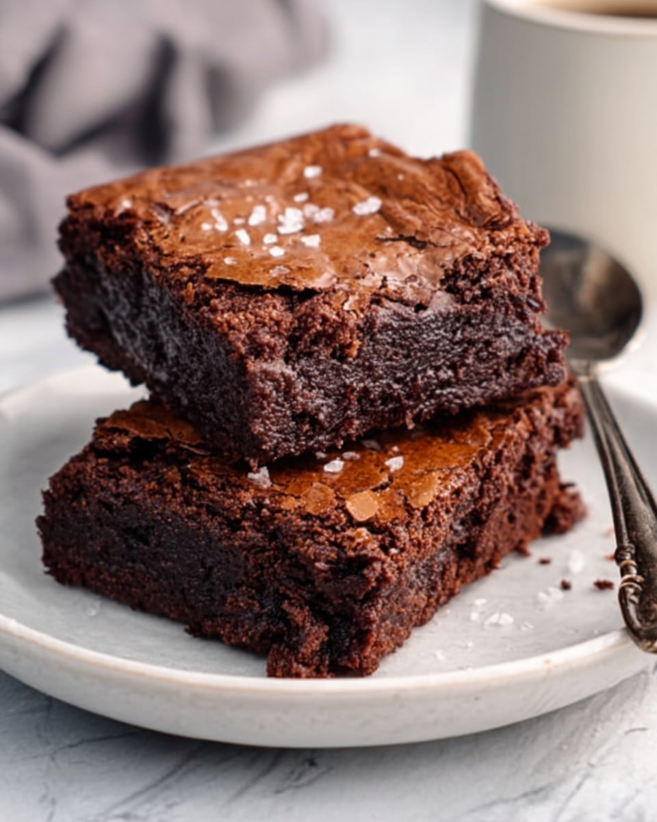 The image shows two thick brownies stacked on a white plate. The bottom brownie looks dense and moist with a rich dark brown color, while the top one has a slightly cracked surface with a shiny, fudgy texture and sprinkled salt flakes. The plate is on a white marbled surface, and a spoon and part of a cup are visible in the blurry background. A woman's hand is holding the plate from the side. Photo taken with an iphone --ar 4:5 --v 7