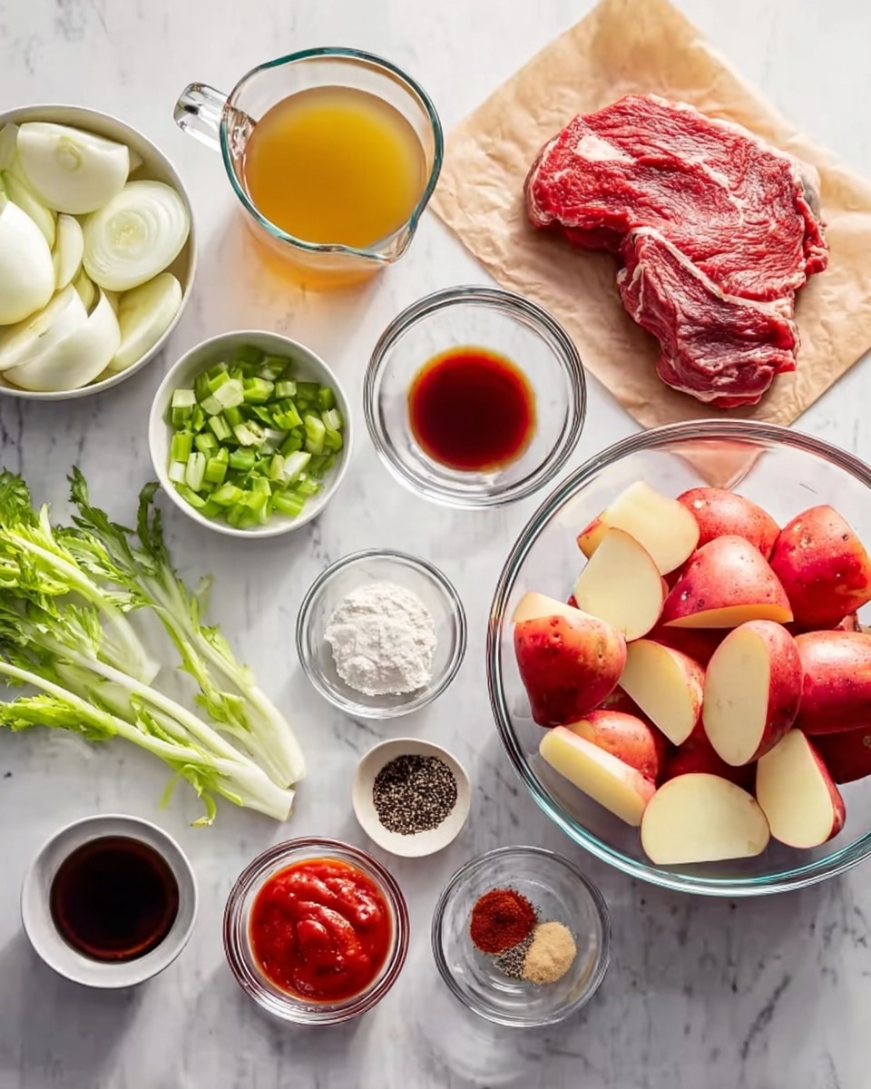 The image shows a white marbled surface with several clear and white bowls and a glass measuring cup arranged neatly, containing various raw ingredients. In a large clear bowl at the center right, there are several red-skinned potatoes cut into quarters. To the left side, a white bowl holds thick slices of white onions. Next to it, small clear bowls contain bright green celery sticks, chopped garlic, and fresh herbs. A glass measuring cup near the top center is filled with yellowish broth. On the far right, a piece of raw red meat rests on brown parchment paper. Several small clear bowls hold different sauces and seasonings including a dark liquid soy sauce, a bright red chili paste, a reddish-brown liquid, flour, and cracked black pepper. The colors are vivid with fresh, raw textures, arranged in a clean, well-lit setting. Photo taken with an iphone --ar 4:5 --v 7