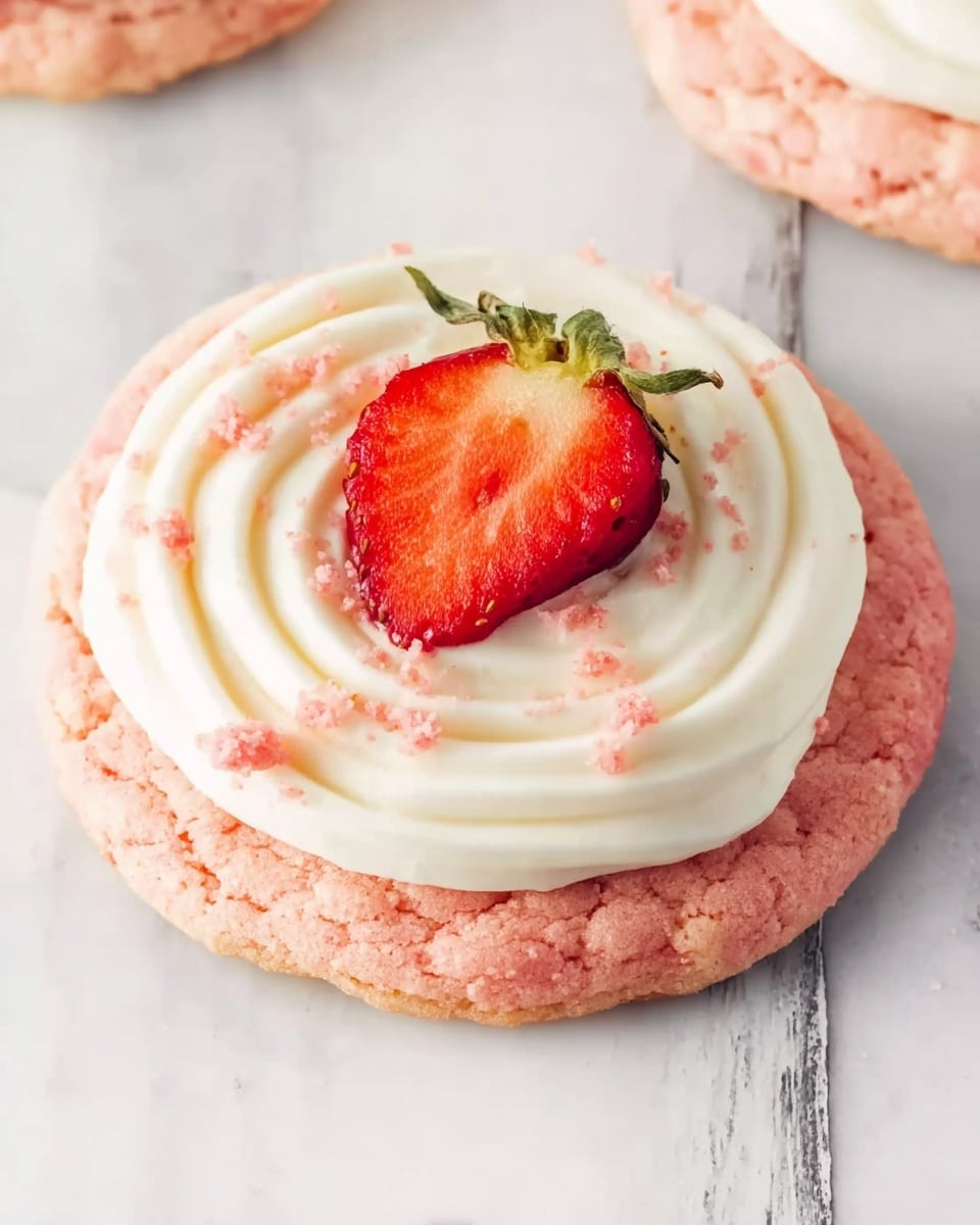 The image shows two pink cookies with a soft texture on a white square plate, each topped with a thick layer of white cream frosting swirled smoothly on top. On each cookie, there is a fresh red strawberry half with green leaves placed in the center of the frosting. Next to the cookies on the plate, there is a whole red strawberry with visible small seeds and green leaves. The background is a white marbled texture, providing a clean and bright setting for the dessert. photo taken with an iphone --ar 4:5 --v 7