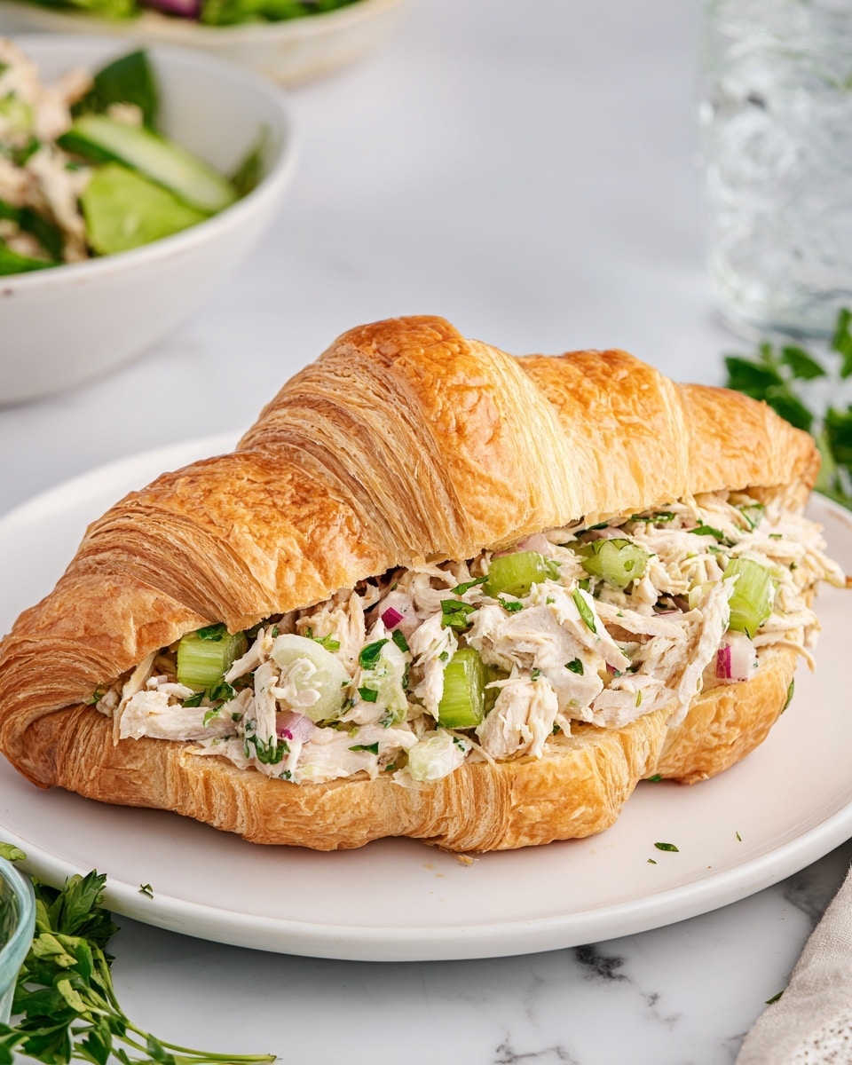 The image shows a round white bowl with a blue rim filled with a creamy salad. The salad has shredded light tan meat mixed with small pieces of green celery and chopped green herbs, all coated in a thick white dressing with visible black pepper specks. Inside the bowl, a shiny silver spoon rests on the right side, partly buried in the salad. The bowl sits on a blue and white striped cloth on a white marbled surface, with fresh green lettuce leaves visible in the top right corner. photo taken with an iphone --ar 4:5 --v 7