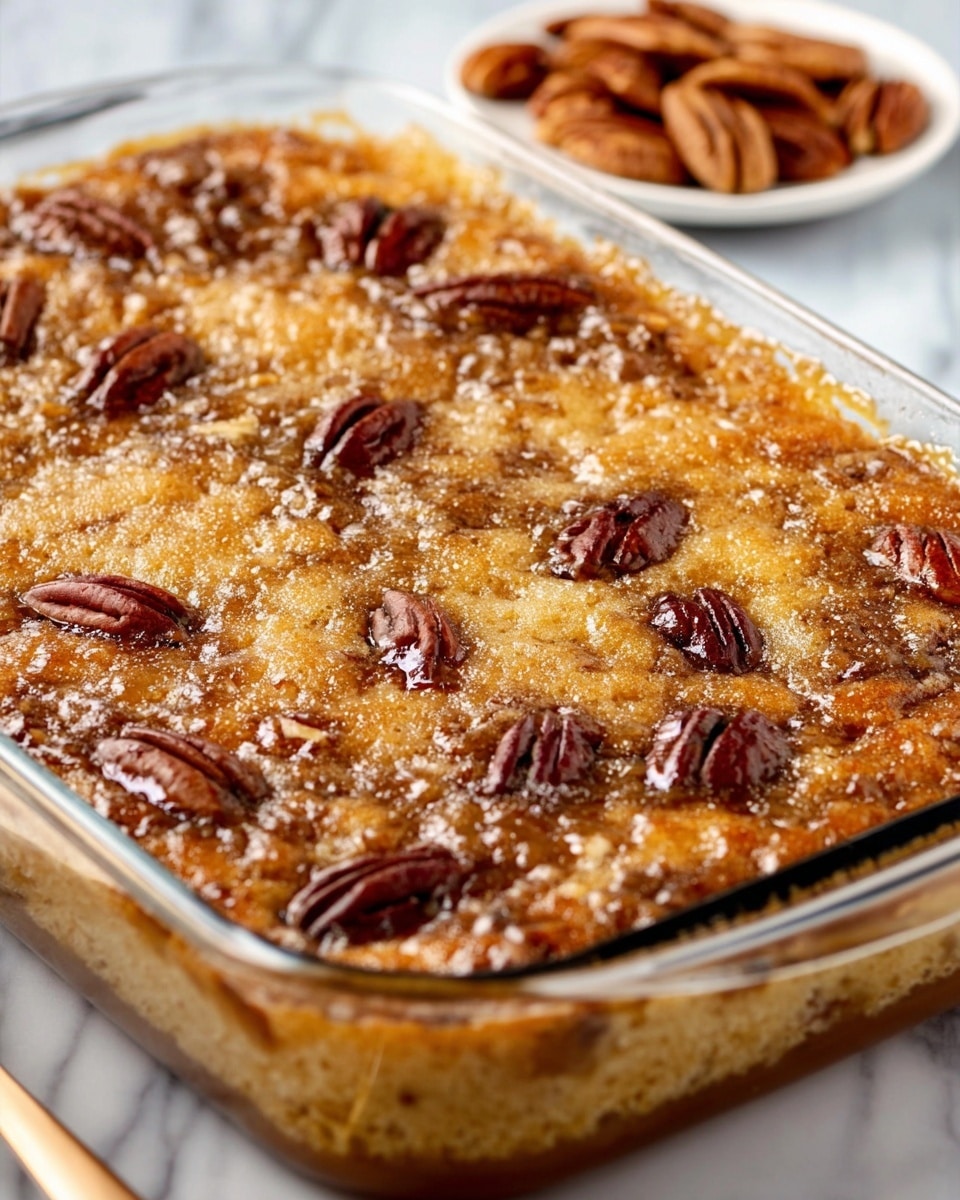 A glass baking dish filled with a golden-brown baked dessert featuring a crumbly, textured top layer with a slightly shiny glaze. This layer has a mixture of light tan and deeper brown colors, showing a baked batter that looks soft and moist. Whole pecans are placed evenly on the surface, their dark brown color contrasting with the baked layer. The edges of the dish show some bubbling and caramelized sauce, adding a sticky and rich look. The dish sits on a white marbled surface with a smaller white plate holding more pecans nearby. photo taken with an iphone --ar 4:5 --v 7