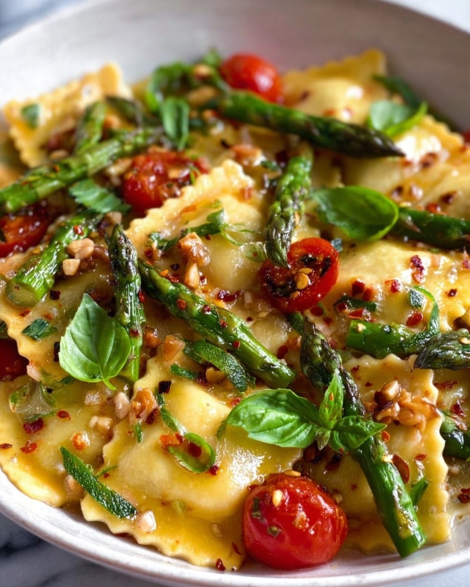 Ravioli with Tomatoes, Asparagus, Garlic, and Herbs Recipe