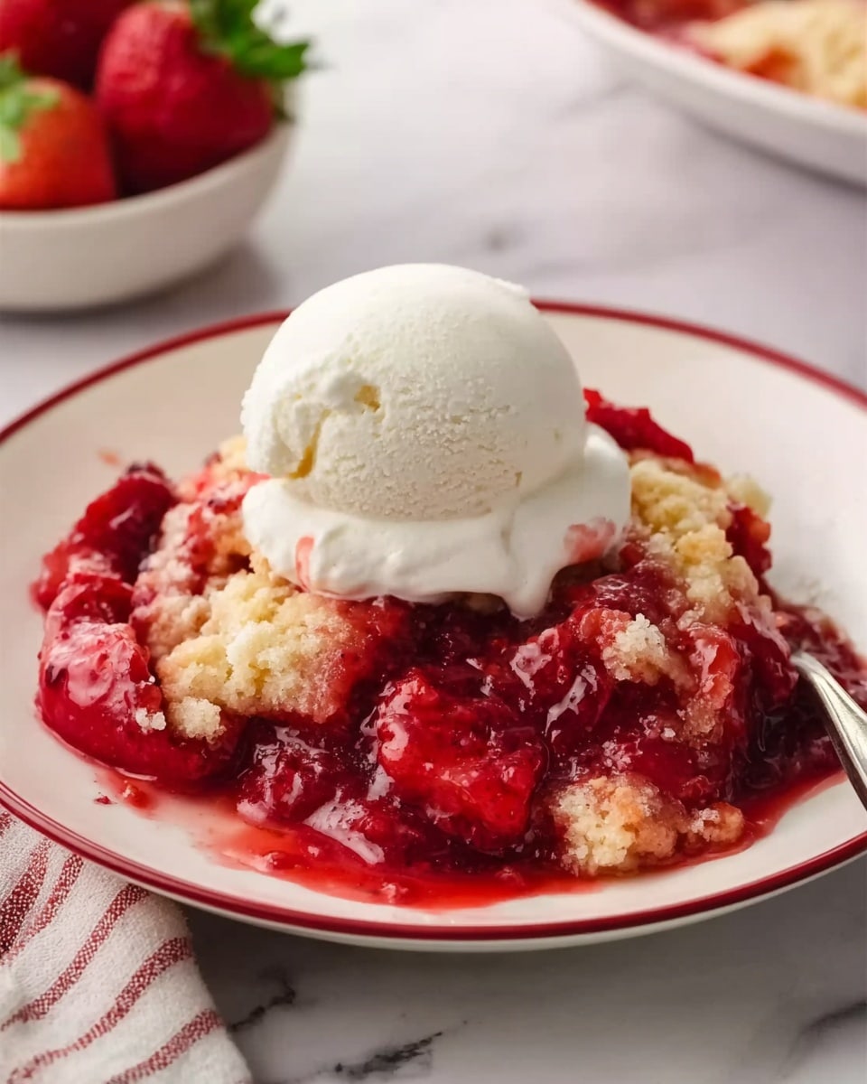 The image shows a white plate with a thin red rim holding a serving of warm strawberry cobbler topped with a single scoop of smooth white vanilla ice cream. The cobbler is a mix of bright red strawberries and soft, crumbly golden-brown dough layers, with the strawberries slightly broken down into a juicy sauce surrounding the dough pieces. The scoop of ice cream sits on top, beginning to melt slightly, with creamy texture and small specks visible. The scene is set on a white marbled surface with a partially visible strawberry and bowl in the background, and a woman's hand holding a napkin near the plate. photo taken with an iphone --ar 4:5 --v 7