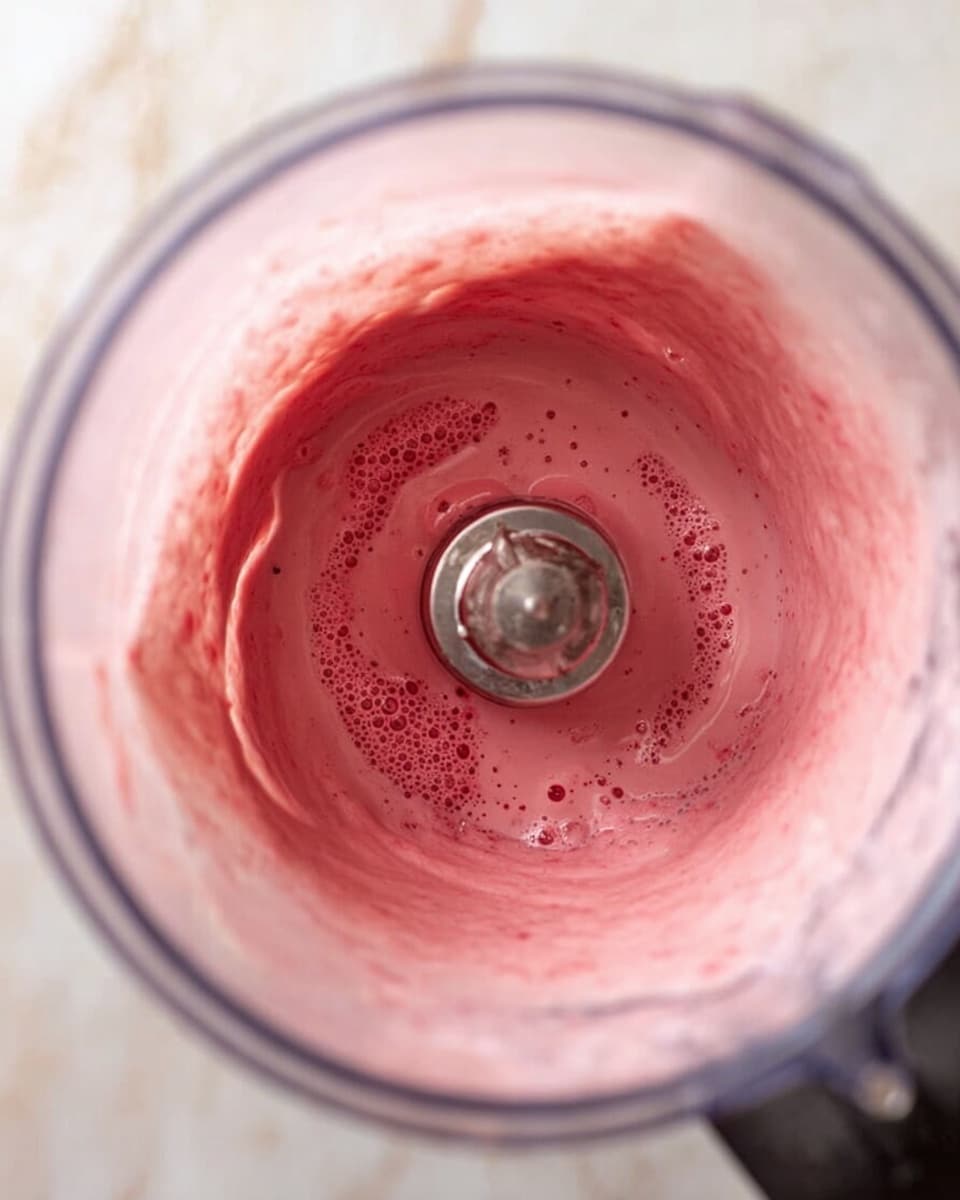 A top view of a blender mixing a pink creamy smoothie with small red bits. The blender jar holds the thick pink mixture swirling around the metal blade in the center as it blends. Tiny bubbles and a smooth texture cover the inside walls of the jar, with the creamy pink layer filling most of the blender. The jar is placed on a white marbled surface, and part of a person's woman's hand operating the blender is visible on the right edge. Photo taken with an iphone --ar 4:5 --v 7
