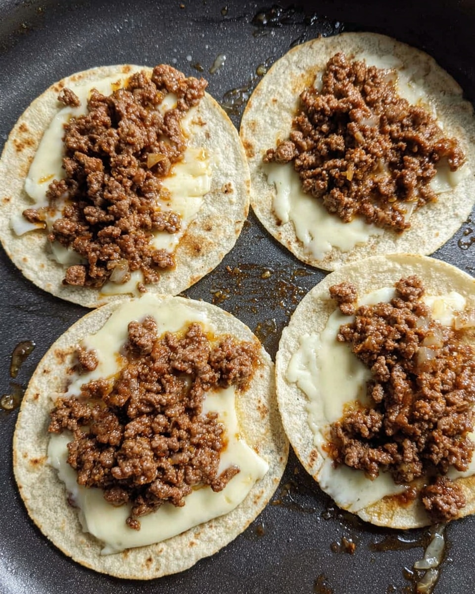 Four small round white corn tortillas lie flat on a dark pan. Each tortilla has a base layer of melted white cheese spread unevenly. On top of the cheese, there is a mound of finely crumbled cooked brown ground meat, with bits of onion mixed in, scattered roughly in the center and slightly off to one side on each tortilla. The pan's surface shows some oil or moisture around the tortillas. The tortillas are spaced close to each other but not touching. Photo taken with an iphone --ar 4:5 --v 7