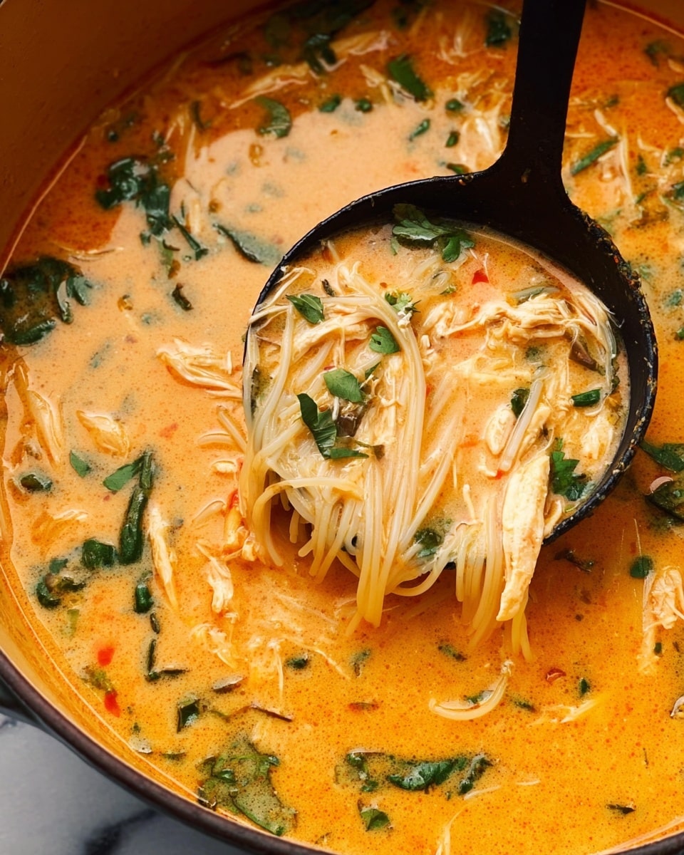 The image shows a close-up of a creamy orange soup with thin white noodles and small pieces of shredded light chicken floating throughout. The soup is dotted with chopped bright green herbs and leafy greens, giving it a fresh look. A black ladle is scooping some noodles and chicken from the pot, showing the smooth, rich texture of the broth. The surface underneath is a white marbled texture. The colors blend with the warm orange soup and the fresh green herbs on top. photo taken with an iphone --ar 4:5 --v 7