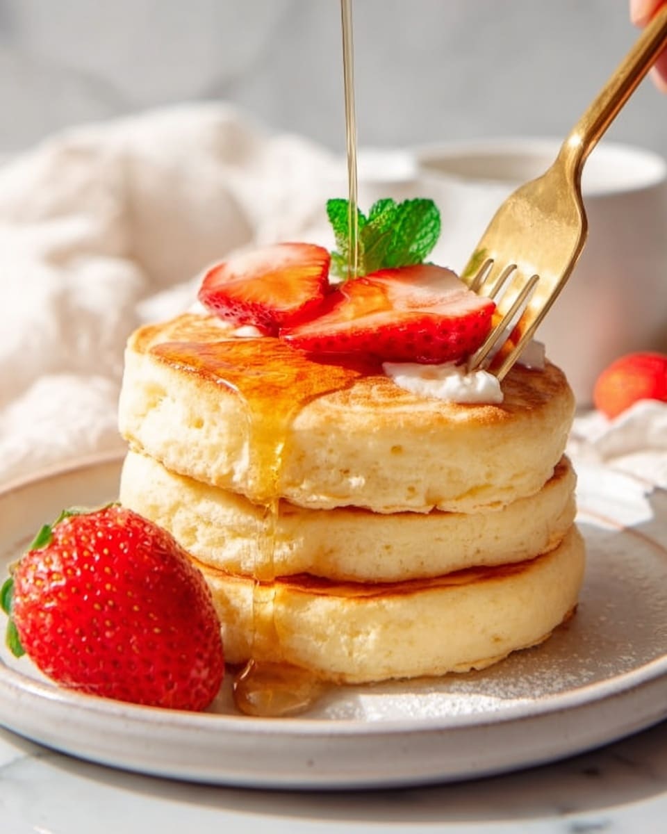 The image shows two thick, fluffy pancakes stacked on a white plate. The pancakes are light golden brown with a soft, airy texture. On top of the stack, there are two fresh strawberry slices and a small green mint leaf. A stream of syrup is slowly dripping down the side of the pancakes, adding a shiny golden layer. Next to the stack is a whole bright red strawberry. A woman's hand holds a golden fork near the plate. The plate is set on a white marbled surface with a soft, blurred light background. Photo taken with an iphone --ar 4:5 --v 7