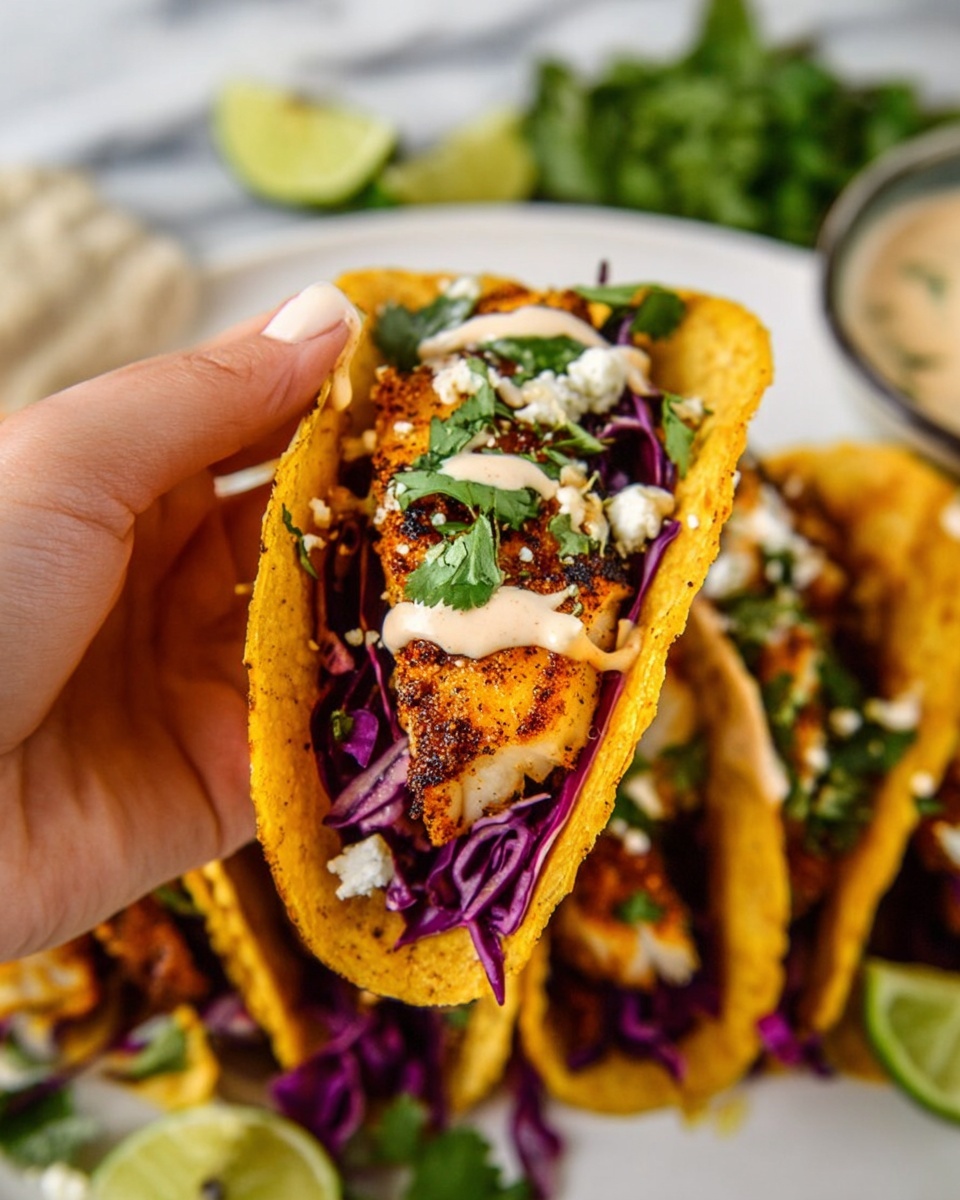 A woman’s hand is holding a taco with a yellow corn tortilla filled with one thick piece of spiced grilled fish, topped with fresh green cilantro leaves, light drizzle of creamy sauce, and small white crumbles of cheese. Inside the taco at the bottom is a layer of purple shredded cabbage. Below the taco in the background are more tacos arranged upright with the same fillings, resting on a white plate. Behind the plate is a white bowl filled with a creamy dip, lime slices, and some green leafy herbs scattered around, all placed on a white marbled surface. photo taken with an iphone --ar 4:5 --v 7