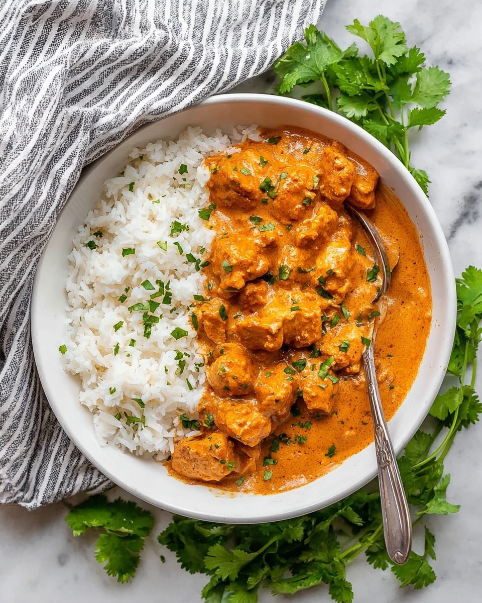 A white bowl sits on a white marbled surface, filled half with fluffy white rice and half with orange creamy chicken curry garnished with small green herb pieces. The chicken pieces are chunky and coated in a smooth sauce, creating a rich, textured layer on one side of the bowl, while the rice forms a soft, grainy white layer on the other side. A silver vintage fork rests on the edge of the bowl, partially touching the rice. Around the bowl, fresh green cilantro leaves lay scattered, adding a fresh pop of color, with a striped kitchen towel draped in the top corner. Photo taken with an iphone --ar 4:5 --v 7