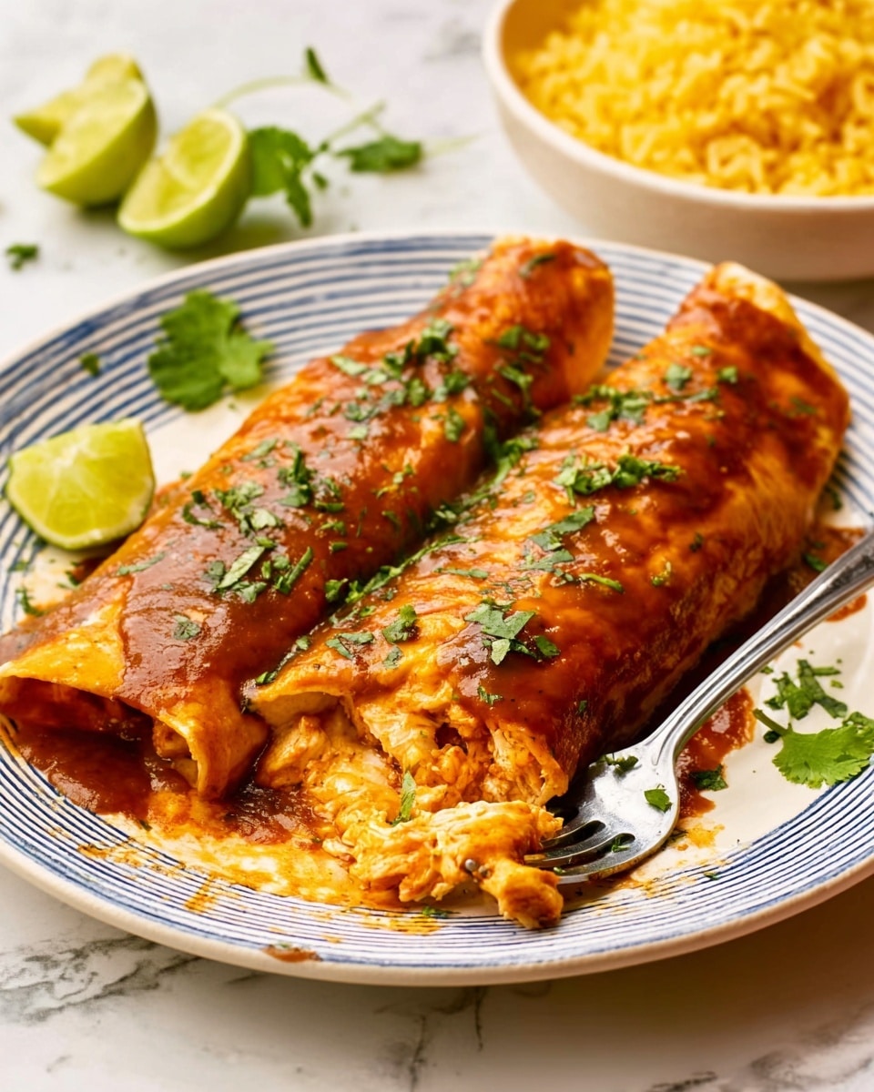 The image shows two rolled enchiladas on a white plate with blue stripes. The enchiladas are covered with a rich, dark orange sauce and sprinkled with finely chopped green herbs. A small piece is slightly opened on the side, revealing a creamy filling inside. A silver fork is placed near the opened enchilada. There is a wedge of lime beside the enchiladas on the plate and small fresh green herbs scattered on top. In the background, there is a white bowl filled with yellow rice on a white marbled surface. The photo was taken with an iphone --ar 4:5 --v 7