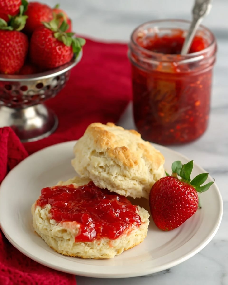 A white plate holds a split biscuit with its top layer resting slightly off to one side, showing the soft, crumbly texture underneath. The bottom biscuit half is spread with bright red strawberry jam that looks thick with visible strawberry pieces. Next to the biscuit on the plate is a fresh whole strawberry with its green leaves. Behind the plate, there is a jar filled with the same chunky red strawberry jam and a spoon inside. To the left in the background, a small metal colander contains several fresh strawberries, placed on a red cloth. The surface beneath everything is a white marbled texture. Photo taken with an iphone --ar 4:5 --v 7