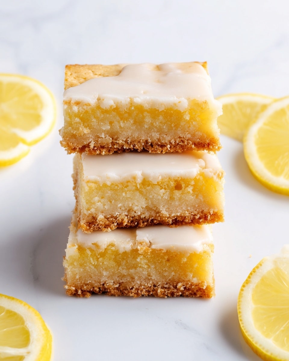 The image shows a square lemon bar on a white marbled surface, consisting of two layers: a golden, crumbly bottom layer and a smooth, thick white icing layer on top that glistens lightly. The edges of the lemon bar are clean, with some crumbs scattered around it. In the background, out of focus, is a sliced lemon and another lemon bar placed on the same white marbled surface. The lighting highlights the texture of the crumbly base and the creamy icing. photo taken with an iphone --ar 4:5 --v 7