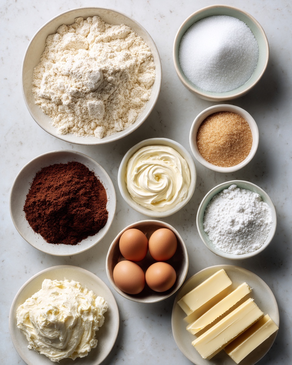 The image shows nine bowls with baking ingredients arranged on a white marbled surface. Starting from the top left, there is a large white bowl filled with light beige flour with a rough texture. To the right, a white bowl holds fine white granulated sugar with a smooth surface. Next to it, a smaller white bowl contains light brown sugar, grainy and uneven. Below, a white bowl with three brown eggs is positioned. Next to the eggs is a white bowl holding soft cream cheese with a swirled texture. In the center, a white bowl is filled with dark reddish cocoa powder, finely ground and smooth. Below that, another white bowl contains fine white powdered sugar, light and fluffy. To the bottom left, a white plate holds a mound of white butter with a rough, creamy texture. Lastly, a white plate at the bottom left corner has several rectangular pale yellow sticks of butter, smooth and firm. photo taken with an iphone --ar 4:5 --v 7