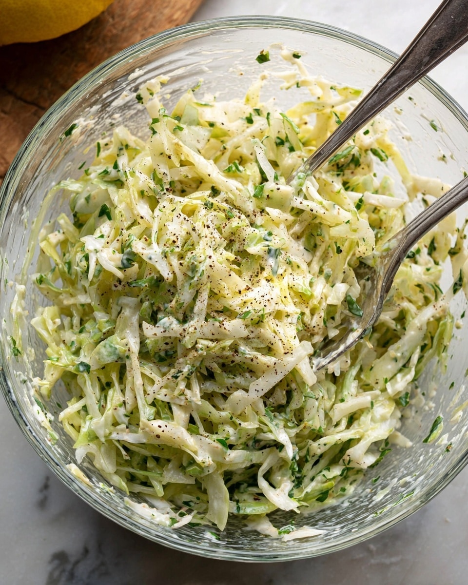 A clear glass bowl filled with shredded pale green and white cabbage mixed with small chopped green herbs, all coated in a creamy pale yellow dressing speckled with black pepper, with a silver fork and spoon partially inside the bowl, sitting on a white marbled surface with a yellow lemon partly visible in the top left corner photo taken with an iphone --ar 4:5 --v 7