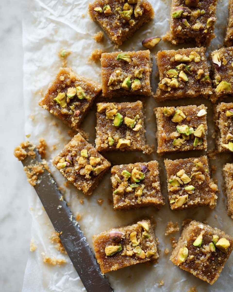This image shows about sixteen small squares of a dense, light brown dessert on parchment paper with a serrated knife nearby. Each square is topped with rough chunks of greenish-yellow nuts, scattered unevenly across the top. The dessert layer looks moist and crumbly with a coarse texture, and the squares are closely placed together with some crumbs around them. The background is a white marbled texture. photo taken with an iphone --ar 4:5 --v 7