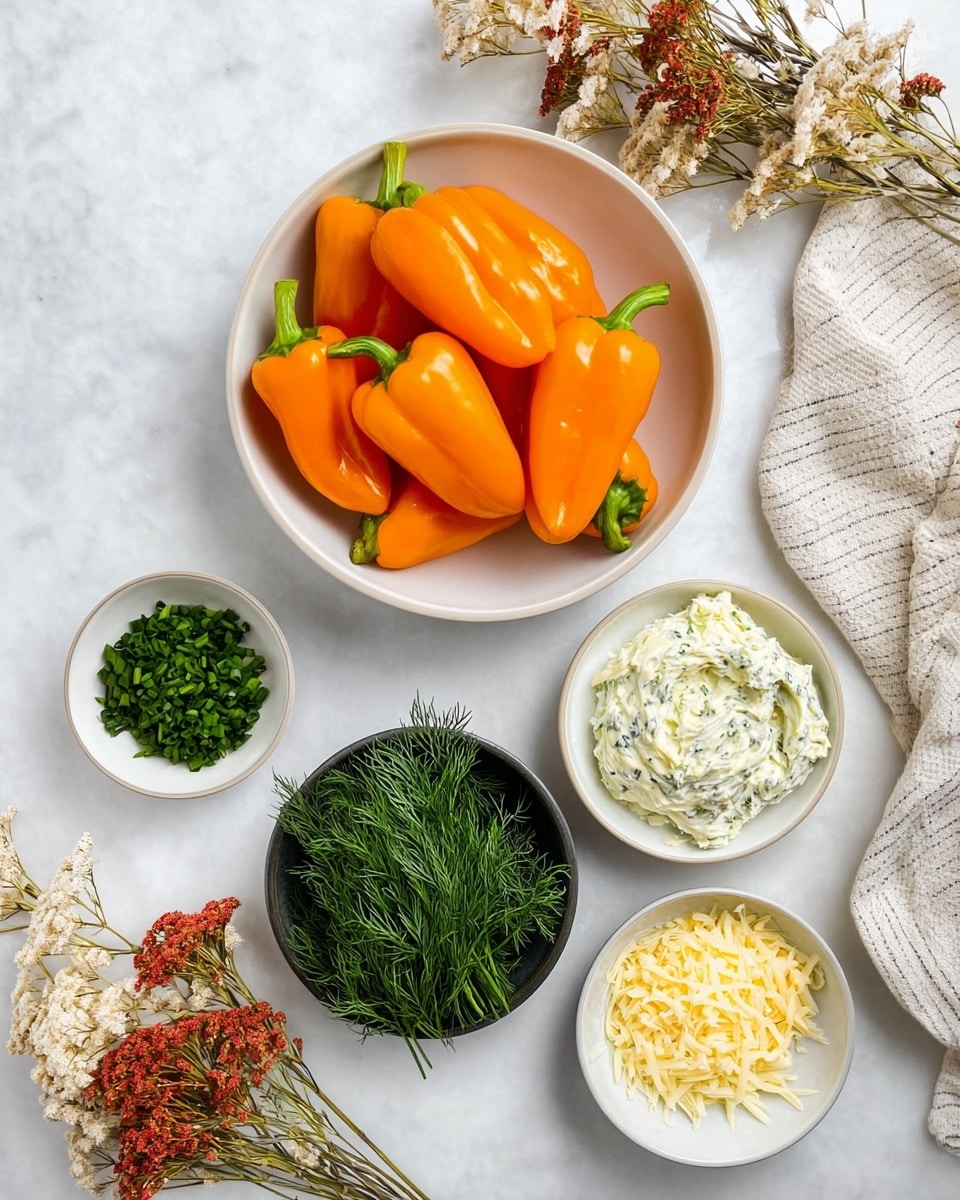 A white round bowl filled with bright orange mini bell peppers, each with green tops visible, sits near the center on a white marbled surface. Below it, a small white bowl holds shredded pale yellow cheese next to a black bowl filled with creamy white herb-spotted cheese spread. To the left, a small white bowl contains finely chopped green chives. At the bottom, a white plate holds a bunch of fresh green dill sprigs. Soft dried flowers in cream and red tones frame the edges, and a beige and white striped cloth is visible on the right side. Photo taken with an iphone --ar 4:5 --v 7