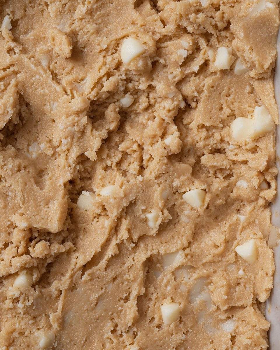 The image shows a close-up top view of a single thick layer of light brown cookie dough with small chunks of white chocolate evenly mixed throughout. The dough texture appears soft and slightly rough with some creases and uneven spreading. The dough fills an edge-to-edge white marbled surface, with slight shadows enhancing the texture details. Photo taken with an iphone --ar 4:5 --v 7