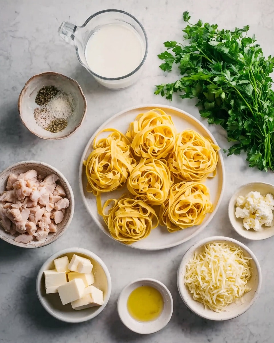The image shows a white plate in the center with five nests of raw yellow pasta. Around the plate are several small white bowls and a clear glass measuring cup with milk. The bowls contain small white grated cheese, cubed butter, olive oil, finely chopped raw chicken, salt and pepper, and shredded cheese. To the right of the plate is a bunch of fresh green parsley. All items are placed on a white marbled surface. photo taken with an iphone --ar 4:5 --v 7
