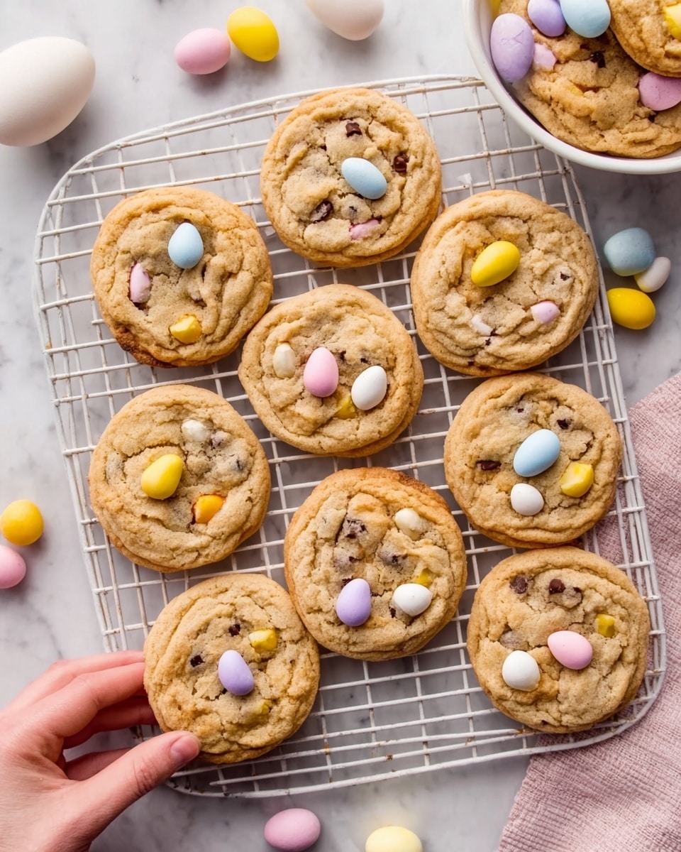 The image shows a white wire cooling rack filled with round cookies that have a golden brown color. Each cookie has a soft, slightly thick texture with visible chocolate chips and small pastel-colored candy eggs in yellow, pink, and white on top. The rack sits on a white marbled surface. To the left of the rack, there are some more candy eggs scattered around and a white bowl partially visible, filled with more cookies and candy eggs. A woman's hand is gently holding one of the cookies on the rack. photo taken with an iphone --ar 4:5 --v 7