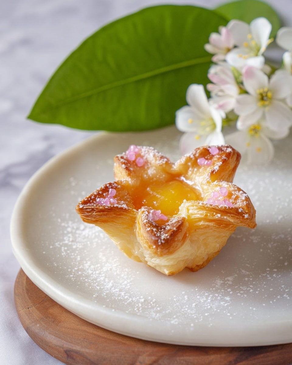 A small pastry shaped like a flower with five pointed petals, golden and flaky on the outside with a shiny, light yellow filling in the center. The top of the petals is sprinkled with small pink sugar crystals and powdered sugar. The pastry sits on a round white plate placed on a white marbled surface. Next to the pastry, there is a green leaf and a white flower with light pink centers, adding freshness to the scene. Photo taken with an iphone --ar 4:5 --v 7