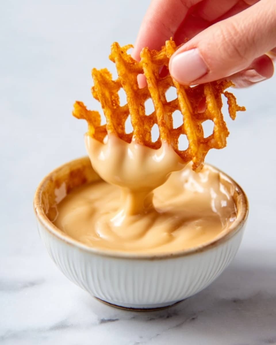 A woman's hand is dipping a golden-brown waffle fry into a small, round white bowl filled with creamy, light beige sauce. The waffle fry has a crispy texture and visible holes, held above the bowl showing the sauce coating the bottom edge. The bowl rests on a white marbled surface, giving a clean and bright background to the scene, photo taken with an iphone --ar 4:5 --v 7