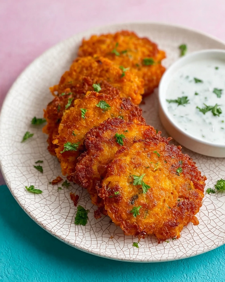 The image shows a white round plate with a cracked texture topped with five golden-brown fritters lined up in a row, each fritter having a crispy, rough texture with small bits sticking out and some green herb garnish scattered on them. To the top right side of the plate, there is a small white bowl filled with smooth white dipping sauce with tiny green herb pieces on top. The plate is sitting on a white marbled surface with a soft pastel background. photo taken with an iphone --ar 4:5 --v 7