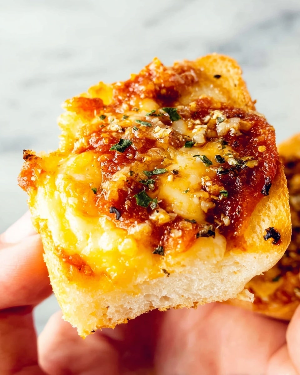 A close-up view of a small bread slice held by a woman's hand, showing a thick layer of melted yellow cheese mixed with a red tomato sauce spread on top. The bread looks soft with a slight crust, and the cheese has some browned spots with small bits of herbs sprinkled over it. The woman's fingers gently grip the bread piece, highlighting the texture of both the bread and the cheesy topping. The background is a smooth white marbled surface. photo taken with an iphone --ar 4:5 --v 7