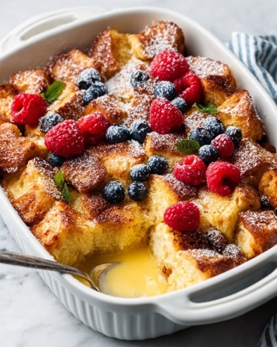 A white baking dish filled with a layered bread pudding made of golden brown toasted bread cubes sprinkled with powdered sugar. Bright red raspberries and dark blue blueberries are scattered on top, adding fresh color contrast. The bread cubes have a slightly crisp texture on the edges, while the creamy yellow custard is visible in the middle where a square portion has been scooped out. A woman's hand holds a spoon near the dish, against a white marbled surface background. photo taken with an iphone --ar 4:5 --v 7