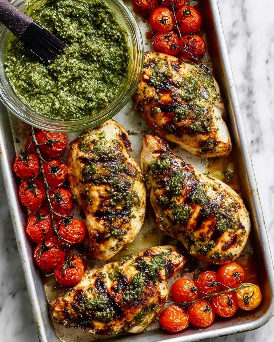 The image shows a white metal tray holding four grilled chicken breasts arranged in two columns, each breast golden-brown with dark grill marks and specks of green herb sauce on top. Surrounding the chicken are small red and orange roasted tomatoes still on thin green stems, with a glossy and slightly charred skin. In the upper left corner of the tray is a clear glass bowl filled with thick green pesto sauce, next to a black brush resting inside the bowl. The tray is set on a white marbled surface. photo taken with an iphone --ar 4:5 --v 7