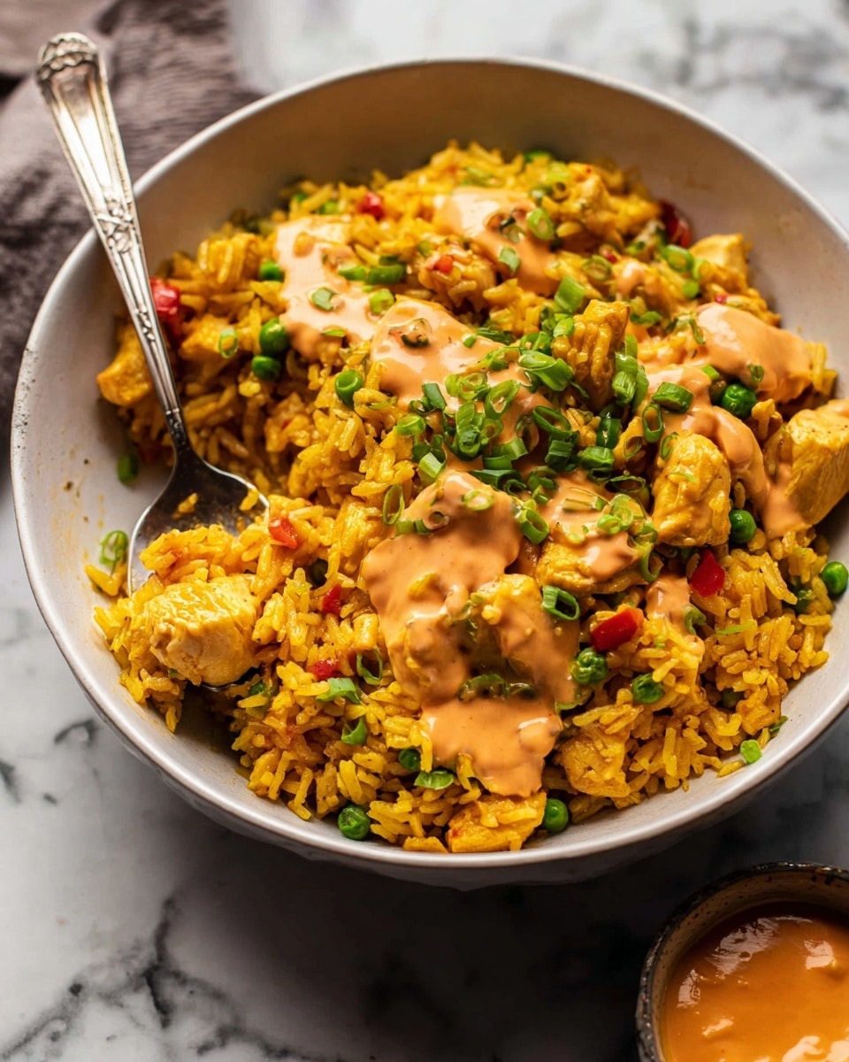 A white bowl filled with yellow rice mixed with small pieces of cooked chicken, bright green peas, and small red bell pepper bits. On top, there is a light orange sauce spread unevenly over the rice and chicken, with fresh chopped green onions sprinkled over the dish. A silver spoon is placed inside the bowl on the left side, partially lifting some of the rice and chicken. The background features a white marbled surface with a small bowl of orange sauce slightly blurred in the bottom right corner. photo taken with an iphone --ar 4:5 --v 7