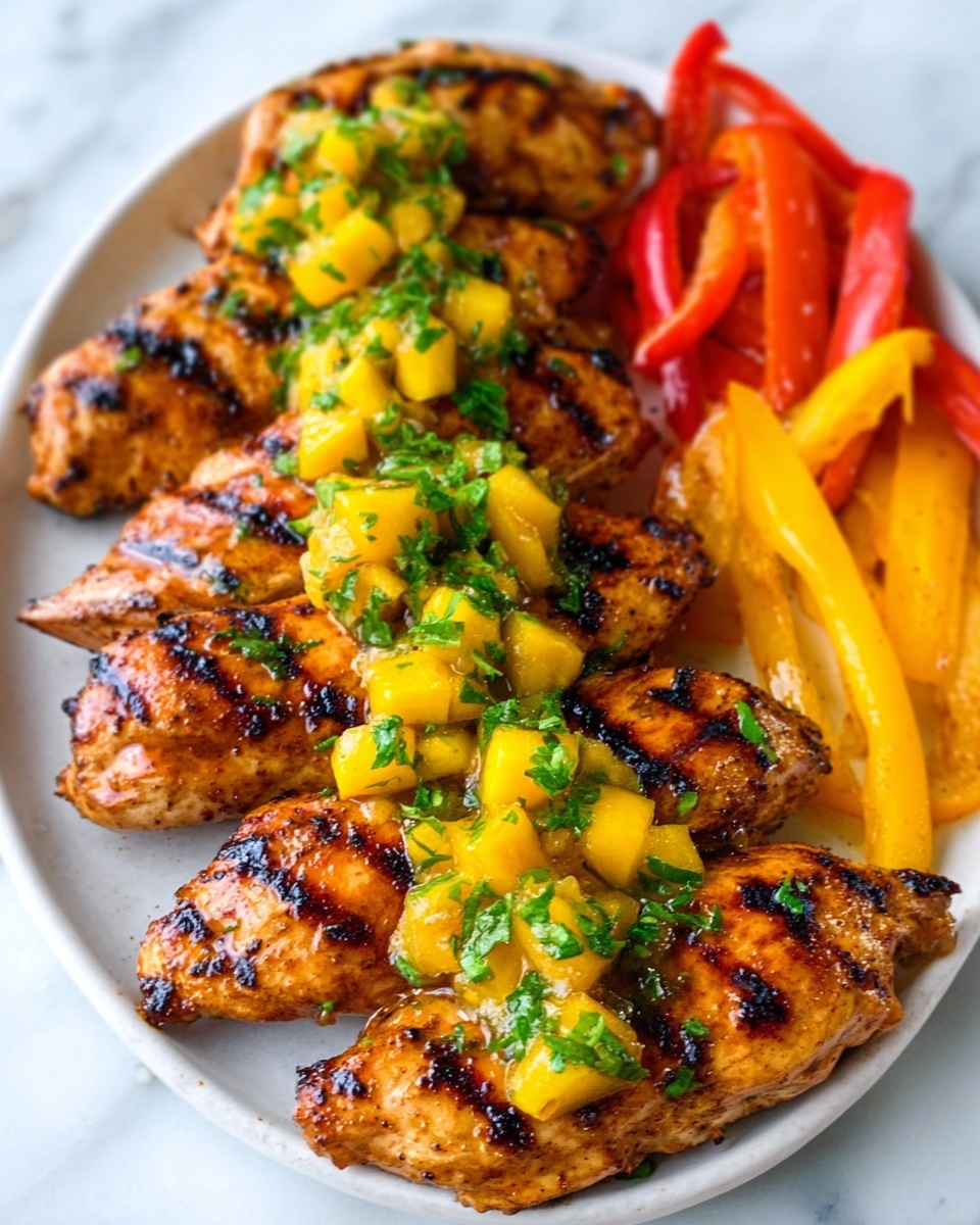 The image shows four pieces of grilled chicken, each with clear char marks and a glossy surface, arranged side by side on a white plate. On top of the chicken, there is bright yellow mango salsa with diced pieces, mixed with finely chopped green herbs, adding color and texture contrast. To the side, there are strips of cooked yellow and red bell peppers, looking soft and slightly shiny. All this is placed on a white marbled surface, giving a clean and fresh look to the scene. photo taken with an iphone --ar 4:5 --v 7