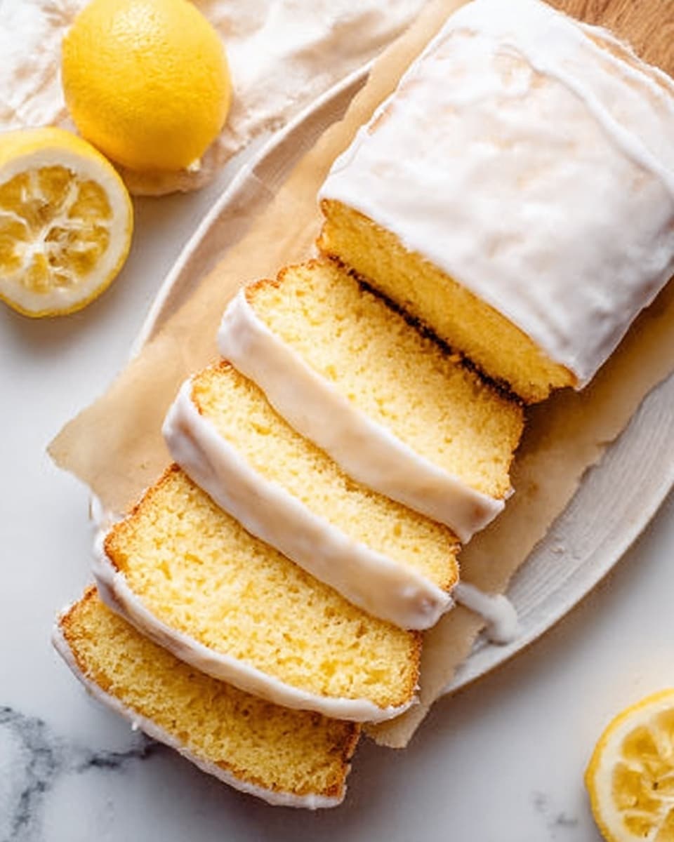 A white plate holds four thick slices of a yellow loaf cake with a light texture, topped with a smooth white icing that drips slightly down the sides. Next to the plate, two halved yellow lemons rest on a white marbled surface, adding a fresh, bright touch to the scene. A wooden board beneath a parchment paper supports the cake, enhancing the warm and natural feel. The photo is taken from above, capturing the soft shadow details and the moist, crumbly texture of the cake. photo taken with an iphone --ar 4:5 --v 7