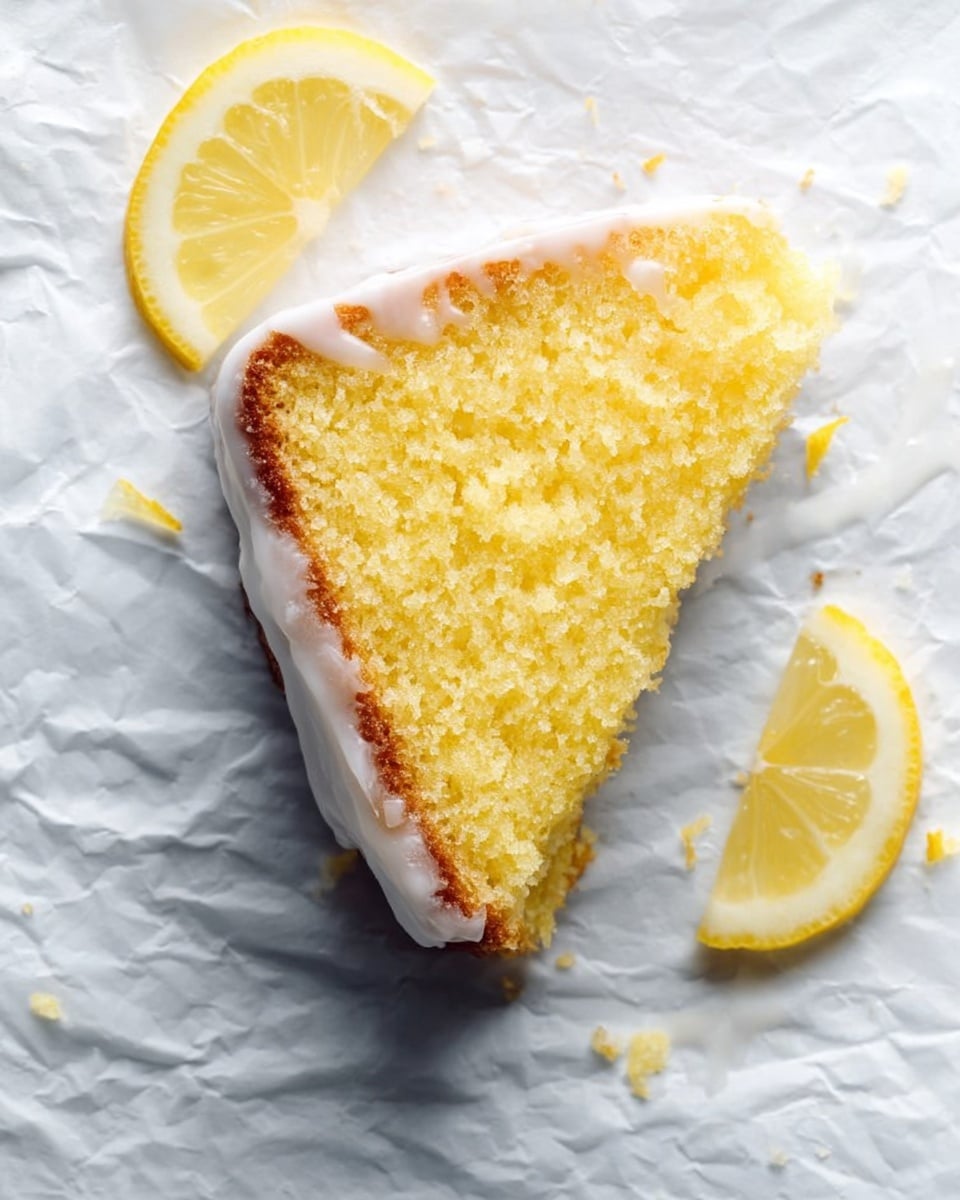 A single slice of yellow lemon cake with a rough, slightly brown crust on the left edge sits flat on crumpled white paper over a white marbled surface. The cake has a soft, crumbly texture and is topped with a thin layer of white glaze that glistens slightly. There are two lemon wedges near the top and bottom edges of the image, both showing bright yellow color with slightly translucent pale yellow lemon flesh and white pith. The overall background is bright and clean with some slight smudges of the glaze visible on the paper. Photo taken with an iphone --ar 4:5 --v 7
