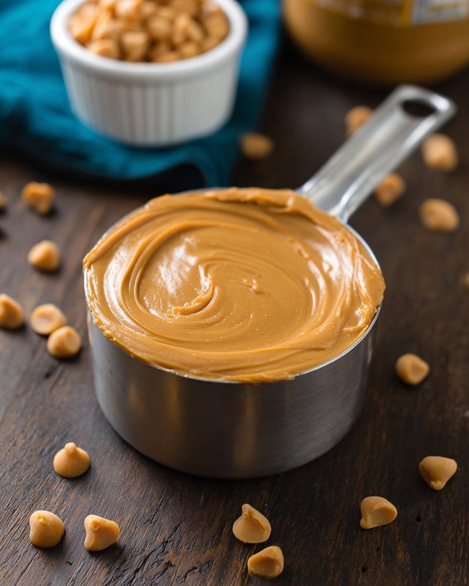 A metal measuring cup is filled to the top with smooth, light brown peanut butter that has a shiny and creamy texture with visible swirl marks on the surface. The cup sits on a dark wooden surface with a few peanut butter chips scattered around it. In the background, a white ramekin full of peanut butter chips and a blurred peanut butter jar are visible. The overall scene is simple and focused on the rich peanut butter in the cup. photo taken with an iphone --ar 4:5 --v 7