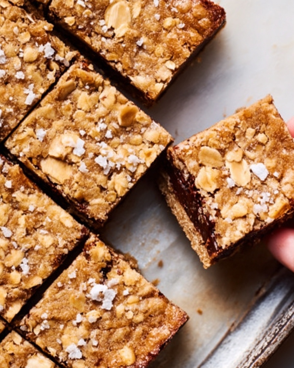The image shows a close-up of a tray of baked dessert bars, cut into squares with one square being held by a woman's hand on the right side. The bars have a light golden brown top with visible oats and small white sugar crystals scattered across. You can see a darker middle layer filled with pieces of chocolate or fruit peeking from the side of the bars. The texture looks soft and slightly crumbly. The bars sit on a white marbled surface with part of a silver baking tray visible at the bottom right. Photo taken with an iphone --ar 4:5 --v 7