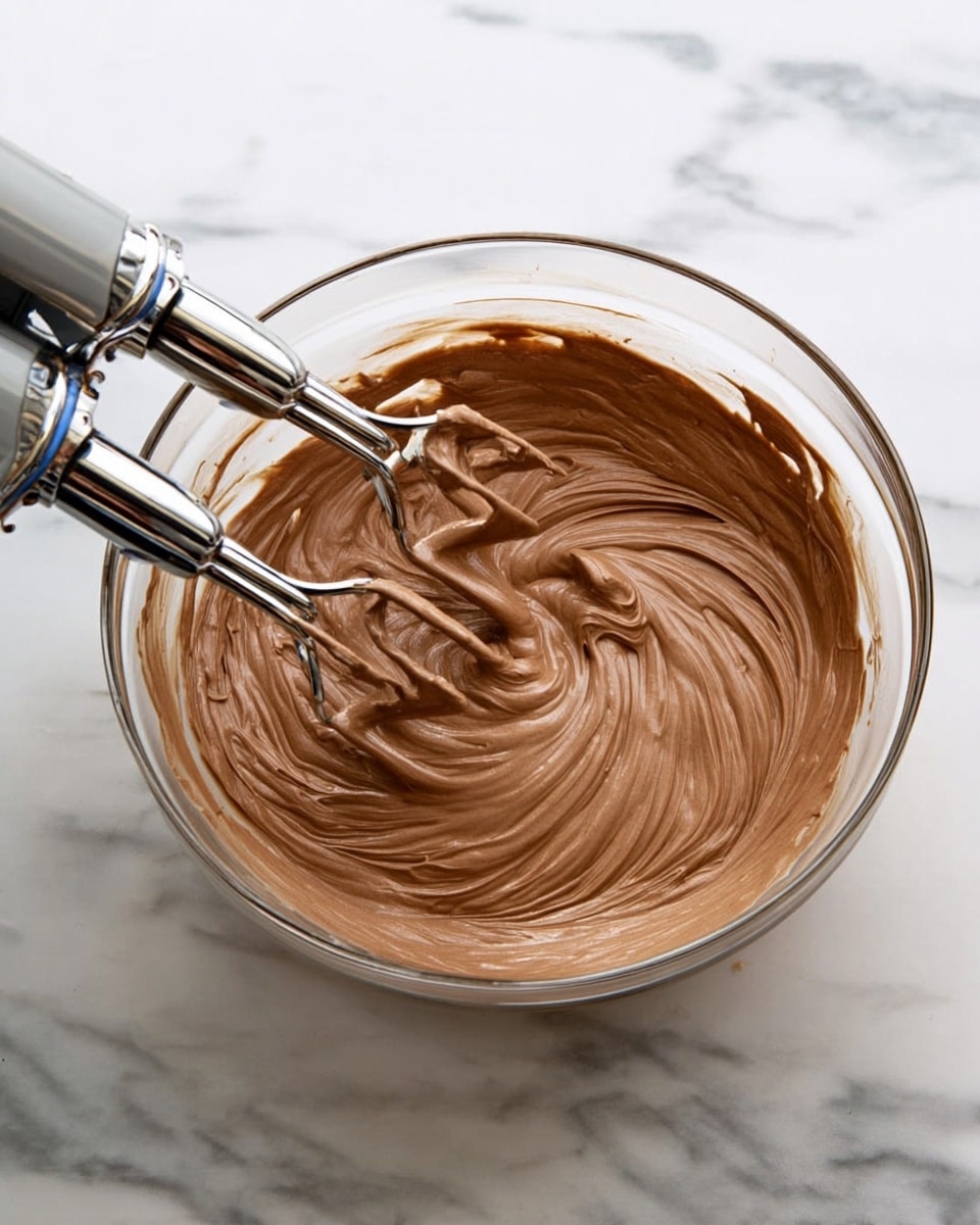 A clear glass bowl sits on a white marbled surface holding smooth, shiny chocolate batter being mixed by two shiny silver beaters attached to a hand mixer. The batter shows soft waves and swirling lines from the motion of mixing, with a rich medium brown color and creamy texture. Photo taken with an iphone --ar 4:5 --v 7