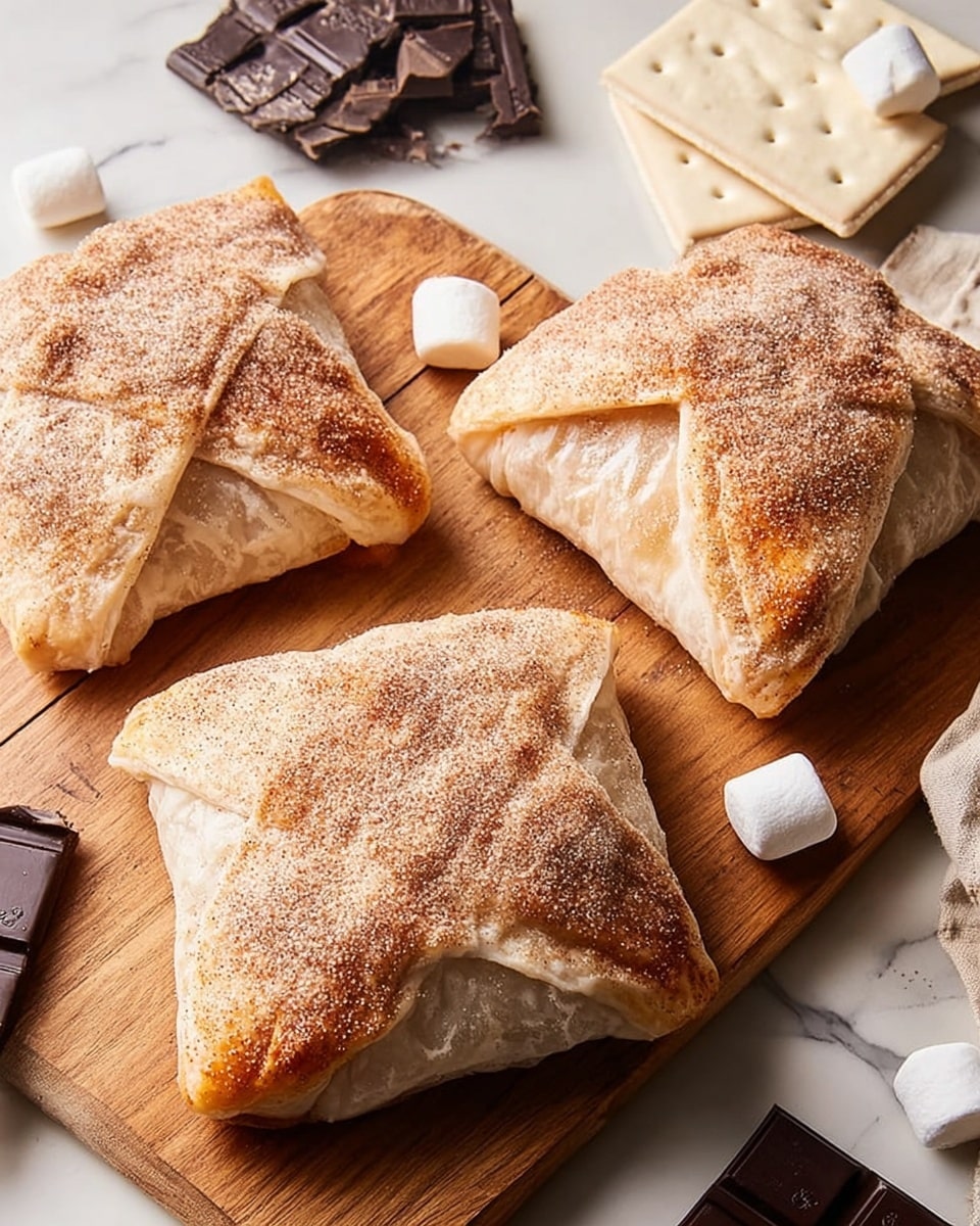 Three baked square pastries sit on a wooden cutting board, each with lightly browned tops and dusted with a fine layer of cinnamon sugar. The dough is folded at the corners, overlapping in a neat crisscross pattern that shows some soft, puffy texture with slight golden spots. Around the board, there are marshmallows, white rectangular crackers, and dark chocolate bars on a white marbled surface. The overall scene is warm and inviting, with a mix of rough and smooth textures. photo taken with an iphone --ar 4:5 --v 7