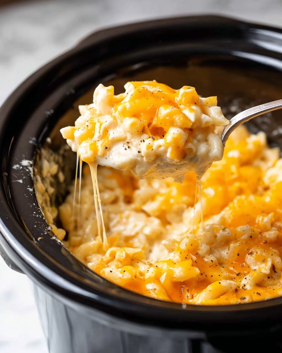 Inside a black slow cooker, there is a creamy layered macaroni and cheese dish. The bottom layer is soft pasta coated in a white creamy sauce mixed with small chunks of pale cheese. On top, there is a thick layer of melted bright orange cheese with a shiny texture, some of it stretching as it is being lifted by a silver spoon. There are small specks of black pepper sprinkled over the cheese. The scene is set on a white marbled surface. Photo taken with an iphone --ar 4:5 --v 7