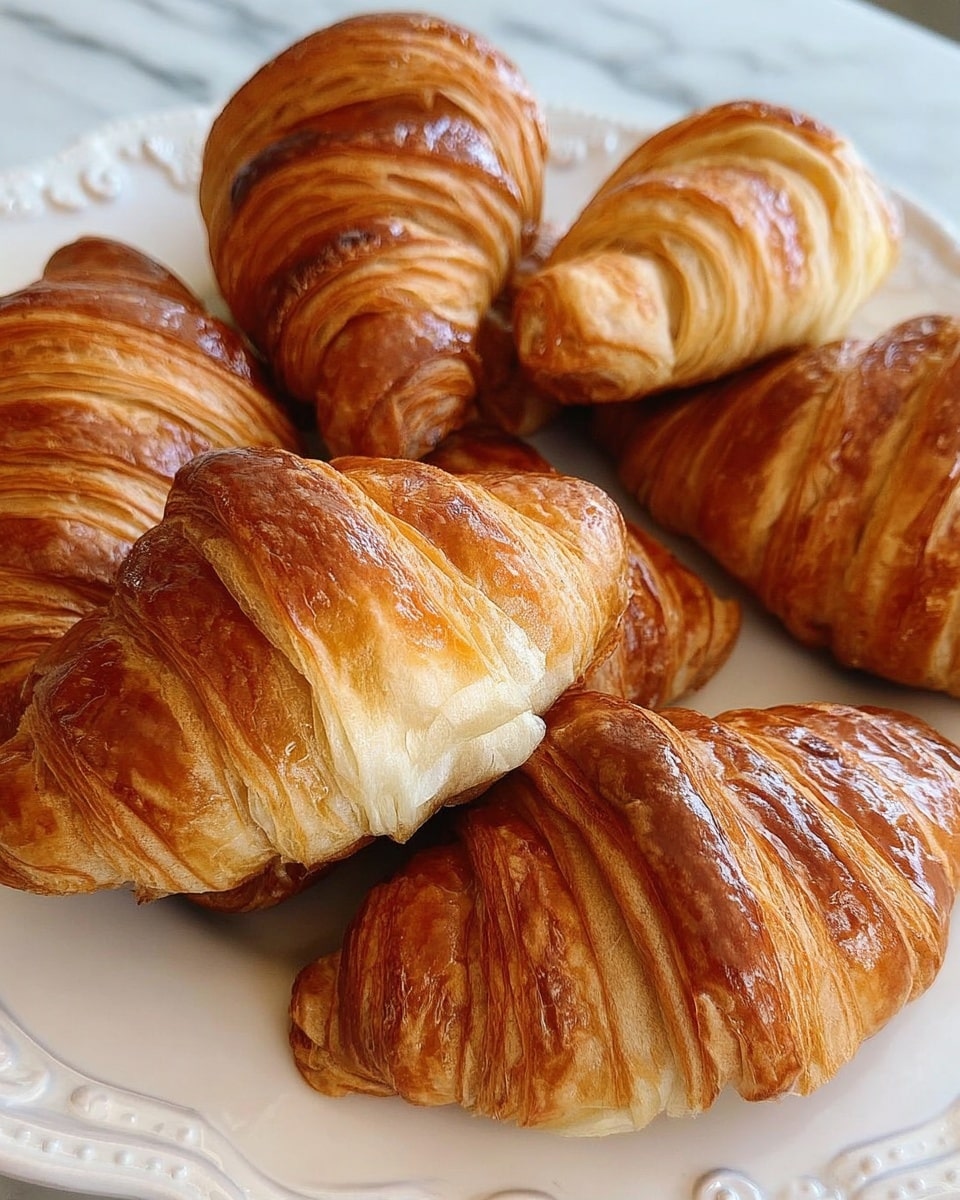 The image shows six croissants with a shiny golden brown crust, placed on a blue wooden surface. Each croissant has visible layers that create a flaky and crispy texture, with darker brown lines marking the folds. The croissants are arranged in a scattered way, with one in the center and the others around it, showing their curved shapes clearly. Photo taken with an iphone --ar 4:5 --v 7