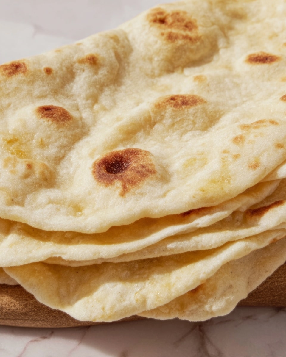 The image shows a stack of five soft, thin flatbreads with a light beige color and slightly uneven edges, placed on a white cloth that rests on a wooden board. The top flatbread is folded partway, revealing its smooth texture with scattered darker brown toasted spots and lighter patches that create circular patterns across the surface. The flatbreads look tender and freshly made, with small bubbles and uneven browning giving a rustic feel. The background is a white marbled texture. Photo taken with an iphone --ar 4:5 --v 7