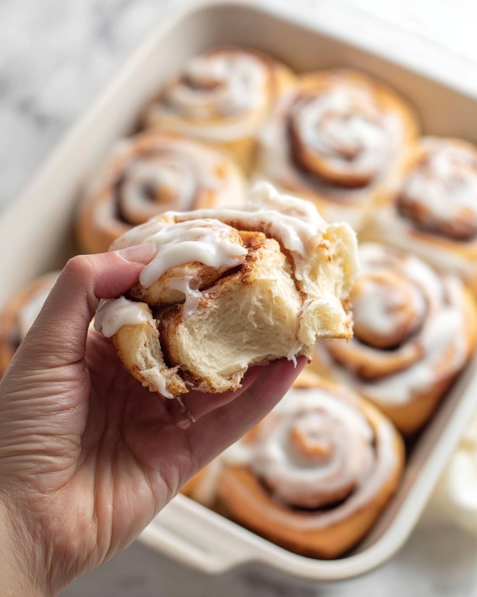 A woman's hand is holding a soft, torn cinnamon roll showing its fluffy, layered inside with a light brown cinnamon swirl. The cinnamon roll has a thick layer of creamy white icing on top. In the background, a white baking dish filled with six more cinnamon rolls, also covered in white icing, rests on a white marbled surface. The rolls in the dish show tight spiral patterns with a light golden-brown color and are coated with a smooth, glossy icing. Photo taken with an iphone --ar 4:5 --v 7